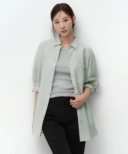[MUSINSA STANDARD WOMAN] Women's Oversized Crinkle Silky Shirt [Mint Grey] / 우먼즈 오버사이즈 크링클 실키 셔츠 [민트 그레이]