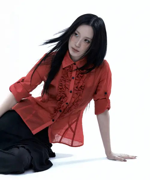 [ROUGHNECK] Frill Sheer Shirt Red / 프릴 시어 셔츠 레드