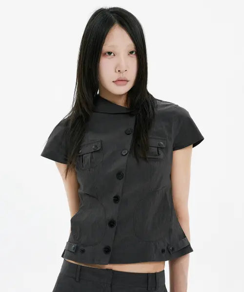 [HANAHI] Diagonal button pocket jacket GREY