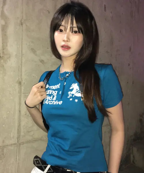 [UNTITLED SEOUL] UNICORN HERNY NECK CROP SHORT SLEEVE FULL BLUE / 유니콘 헨리넥 크롭 반팔 풀 블루