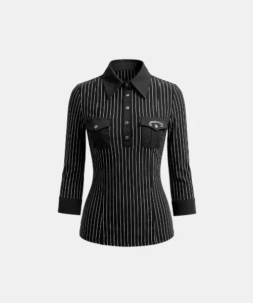 [BADBLOOD] Vintage Jersey Polo 3/4 Sleeve Shirt - Black Stripe
