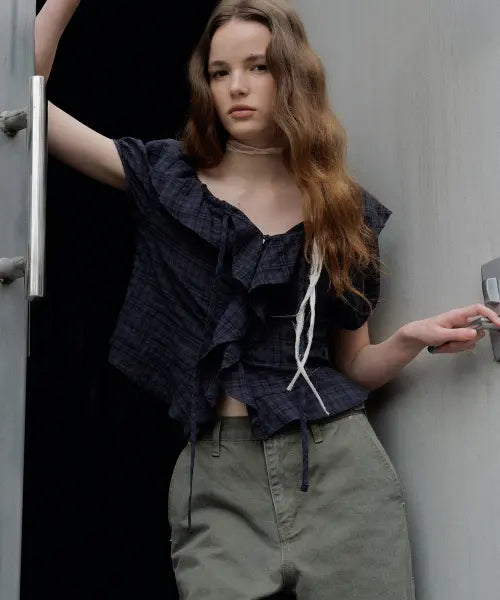 [FRIVER07] Ruffle off tie blouse [FRSP07BL05]_Navy