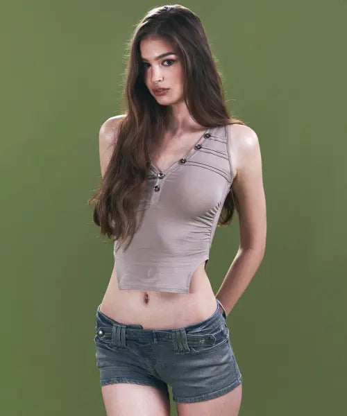 [PLEASENOFOLLOW] Selby Button Sleeveless Top (Silver Beige)