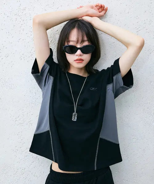 [GAKKAI UNIONS] Spiral Mesh Panel Crop T-Shirt Black / 스파이럴 메쉬 절개 크롭 티셔츠 블랙