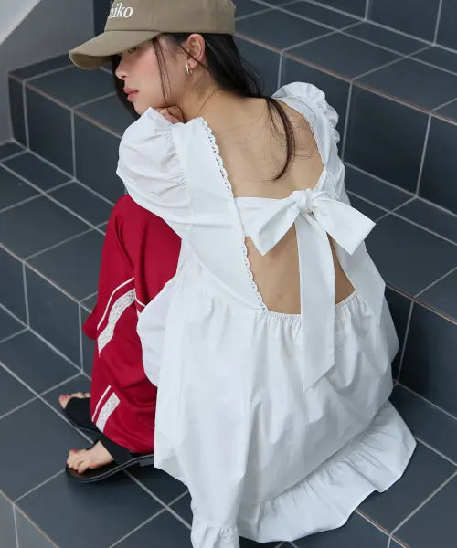 [MICHIKO LONDON KOSHINO] Puff Sleeve Ribbon Mini Dress White / 퍼프 슬리브 리본 미니 드레스 화이트
