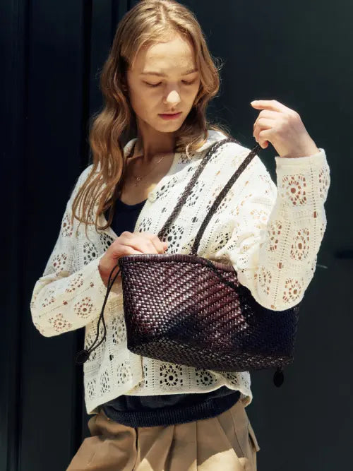 [KOMOREBI MUSEUM] Natural Cowhide Lattice Weaving Tote & Shoulder Bag with Pouch / [파우치 포함] 2Colors 천연 소가죽 라티스 위빙 토트\u0026숄더 백 l B26
