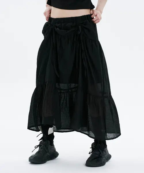 [HANAHI] Front shirred tiered skirt BLACK