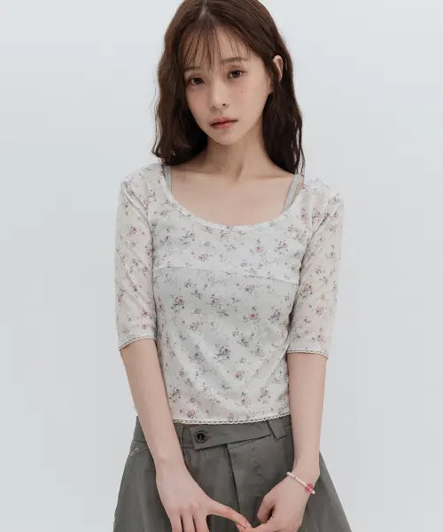 [HIGH SCHOOL DISCO] 3/4 Sleeve Lace Flower T-Shirt / 7부 레이스 플라워 티셔츠