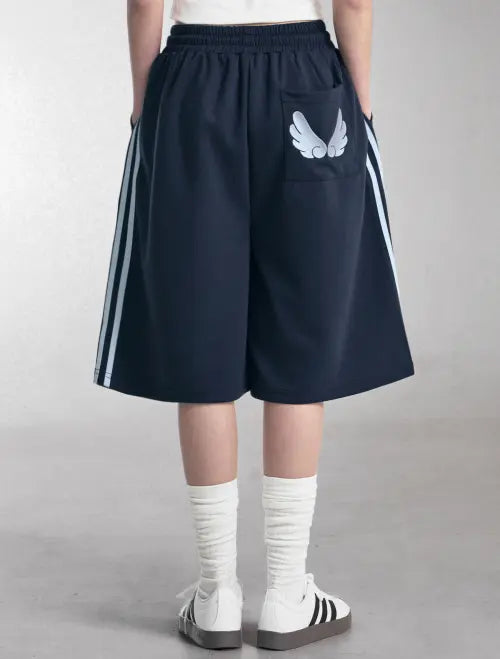[LOOXP] Track & Angel Embroidered Back Pocket Bermuda Shorts Navy / 트랙 엔젤 자수 백포켓 버뮤다 팬츠 네이비