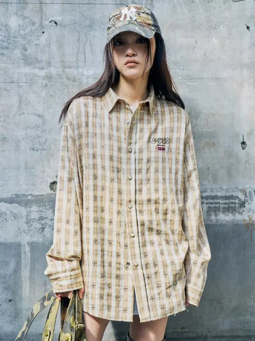 [YEEL] RHINESTONE PLAID OVERSHIRT BEIGE