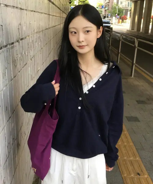 [STMG] Summer Sleeve Open Button Loose Collar T-Shirt navy / 썸머 슬리브 오픈버튼 루즈 카라 티셔츠 네이비