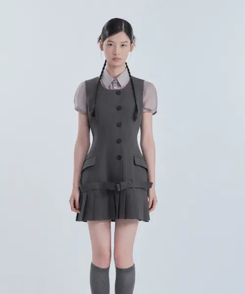 [MAU SOLEUM] Sleeveless Pleated Suit Dress - Dark Grey