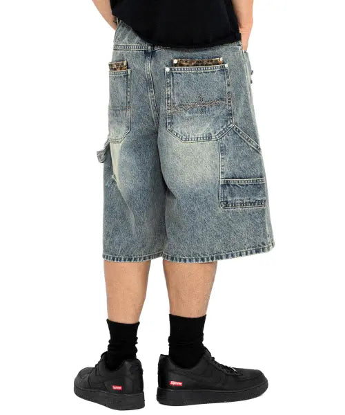 [XTONZ] XF012 Leopard Carpenter Bermuda Denim Pants (Blue) / XF012 레오파드 카펜더 버뮤다 데님 팬츠 (BLUE)
