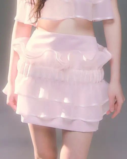 [LOVUEE] Organza Ripple Overlay Skirt Pink / 오간자 리플 레이어드 스커트 핑크
