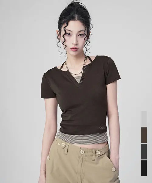 [AVANDRESS] Sally V-cut Stripe Layered Tee_3Colors / Sally V-cut Stripe Layered Short Sleeve_4Colors