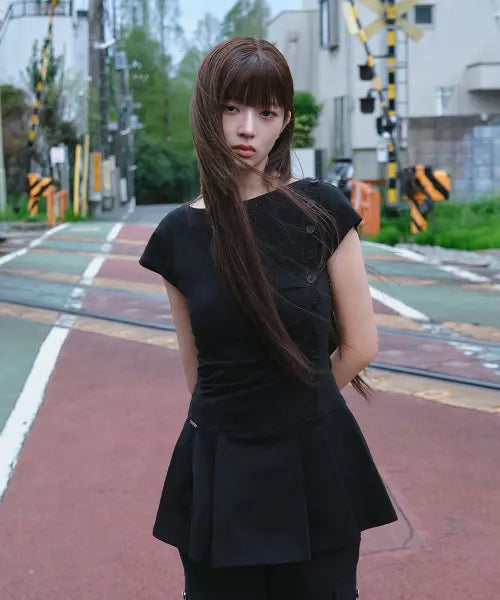 [MISEKI SEOUL] Pleats tuck button mini dress BLACK / Pleats button mini onepiece BLACK