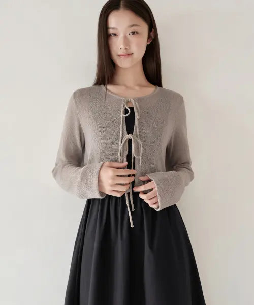 [MUSINSA STANDARD WOMAN] Women's Linen Blend Tie-Up Cropped Cardigan [Greyish Beige] / 우먼즈 린넨 블렌드 타이 업 크롭 가디건 [그레이쉬 베이지]
