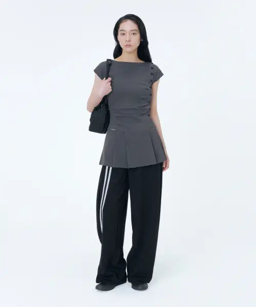 [MISEKI SEOUL] Pleats tuck button mini dress CHARCOAL / Pleats button mini onepiece CHARCOAL