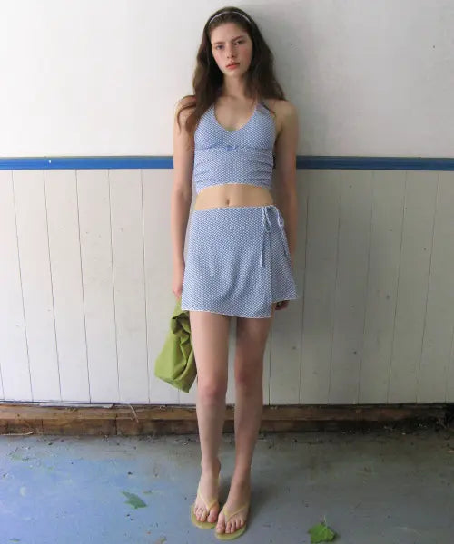 [ROLAROLA] CHECK HALTER NECK BIKINI SET BLUE