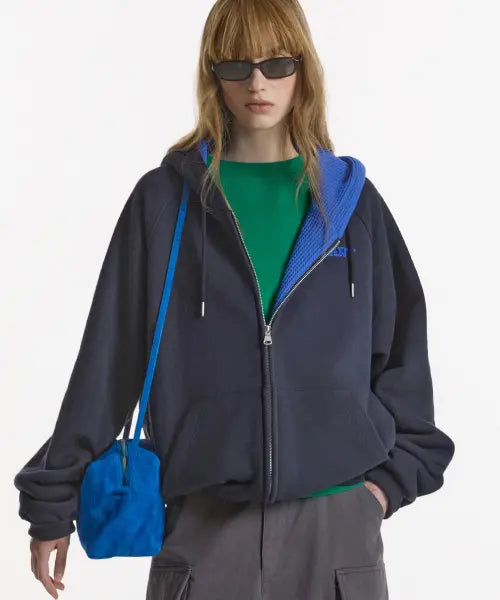 [NOHANT] WAFFLE LINED HOODED ZIP-UP JUMPER NAVY