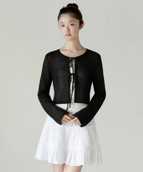 [MUSINSA STANDARD WOMAN] Women's Linen Blend Tie-Up Crop Cardigan [Black] / 우먼즈 린넨 블렌드 타이 업 크롭 가디건 [블랙]