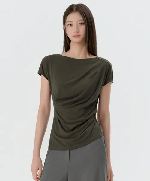 [MUSINSA STANDARD WOMAN] Women's Drape Boat Neck T-Shirt [Khaki Brown] / 우먼즈 드레이프 보트 넥 티셔츠 [카키 브라운]