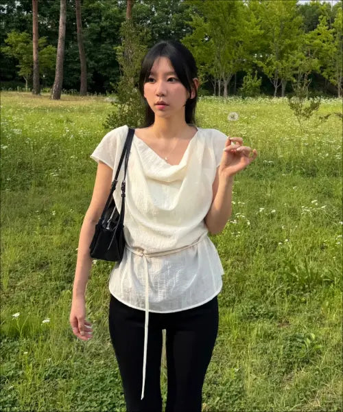 [MIXXO] Cowl Neck Short Sleeve Blouse