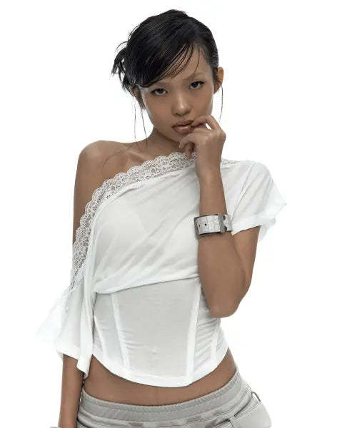 [KASHIKO] Lace One Shoulder Corset Tee White