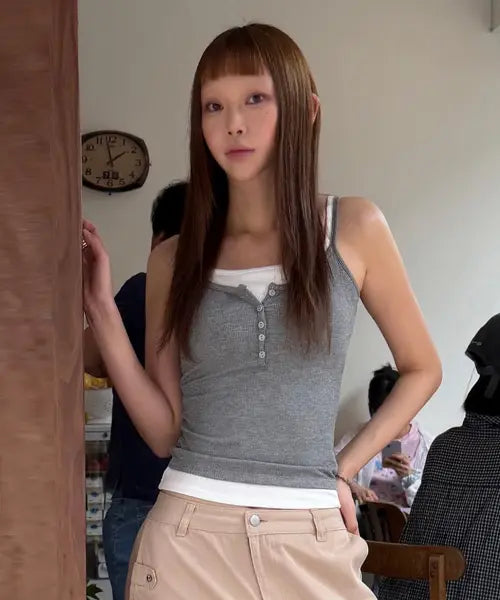 [LEATHERY] Layered Sleeveless Top [BLACK] / 레이어드 슬리브리스탑 (캡내장) [3COLOR]