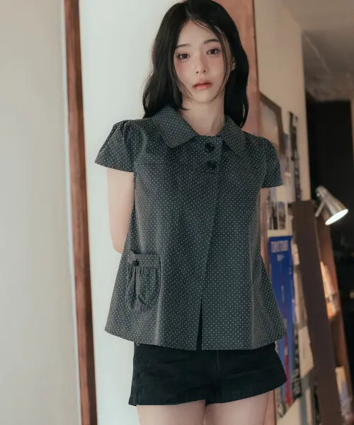 [HIGH SCHOOL DISCO] Dot Button Puff Sleeve Blouse_Charcoal / 도트 버튼 퍼프소매 블라우스_차콜