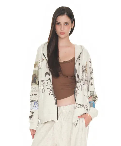 [TOOMUCHTAX] Printed Waffle Zip-up Hoodie Ivory / 프린티드 와플 집업 후디 아이보리