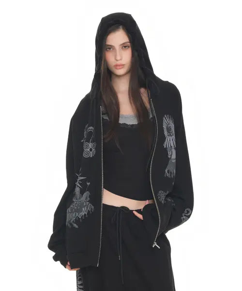 [TOOMUCHTAX] Tarot 02 Waffle Zip-up Hoodie Black / 타로 02 와플 집업 후디 블랙