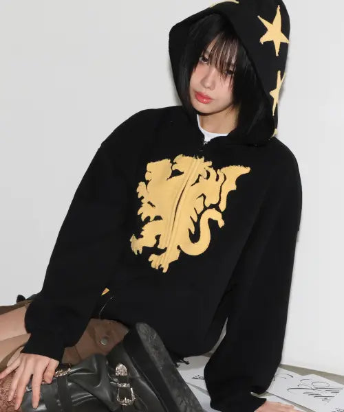 [GLACK] GHD039 Chimera Affle Hood Zip-Up (Black) / GHD039 키메라 아플리케 후드 집업 (BLACK)
