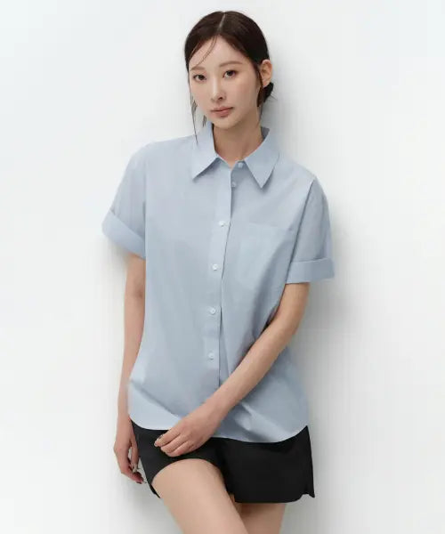 [MUSINSA STANDARD WOMAN] Women's Relaxed Soft Poplin Short Sleeve Shirt [Sky Blue] / 우먼즈 릴렉스드 소프트 포플린 반소매 셔츠 [스카이 블루]