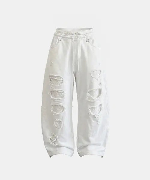 [BADBLOOD] Lace Layered Distressed Joggers - White / 레이스 레이어드 디스트레스드 조거 - 화이트