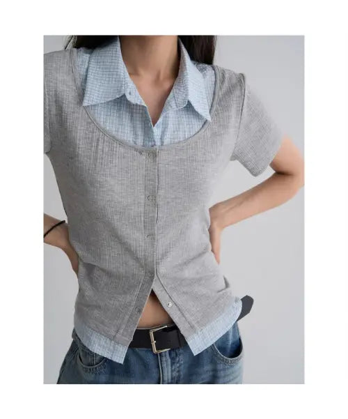 [8SECONDS] Colorblock Jersey Cardigan - Grey / 셔츠 배색 저지 카디건  그레이