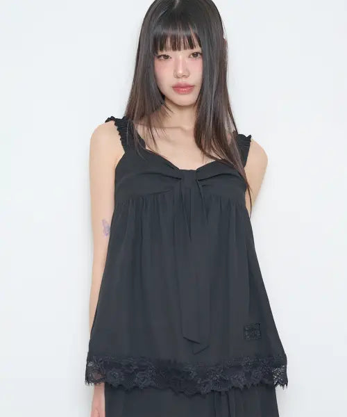 [ILLIGO] BOW CHIFFON LACE SLEEVELESS BLACK / 보우 쉬폰 레이스 슬리브리스 블랙