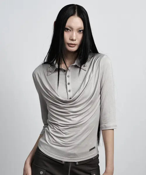 [AS YOU ARE] COWL NECK HALF-SLEEVE COLLAR TEE GREY / 카울넥 하프 슬리브 카라티 그레이