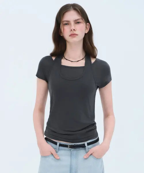 [MUSINSA STANDARD WOMAN] Women's Wool Tencel Halter Layered T-shirt [Dark Grey] / 우먼즈 울 텐셀 홀터 레이어드 티셔츠 [다크 그레이]