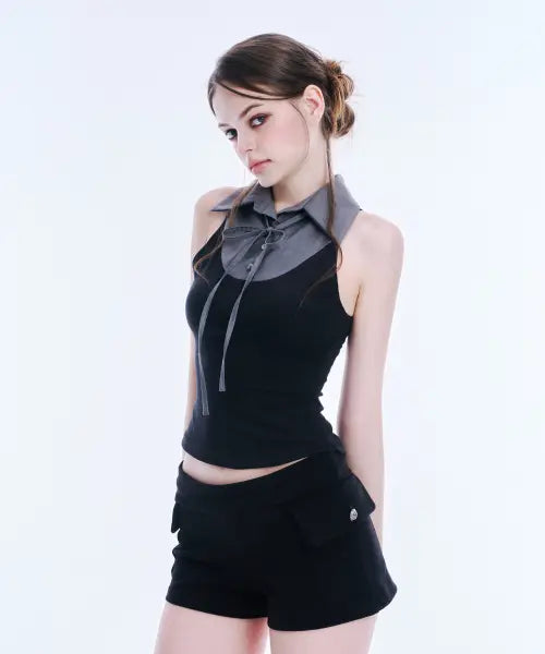 [ARCMETHOD] Layered Ribbon Collar Sleeveless Tee (Grey) / 레이어드 리본 카라 슬리브리스 티셔츠 (그레이)