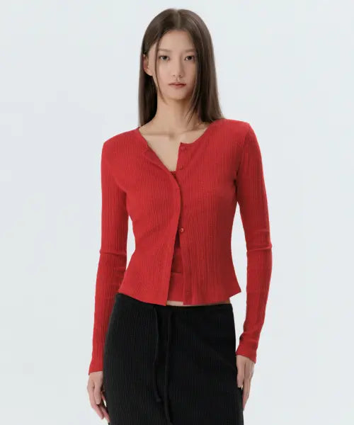 [MUSINSA STANDARD WOMAN] Women's Slub Ribbed Cardigan Set [Red] / 우먼즈 슬럽 리브드 탑 가디건 세트 [레드]
