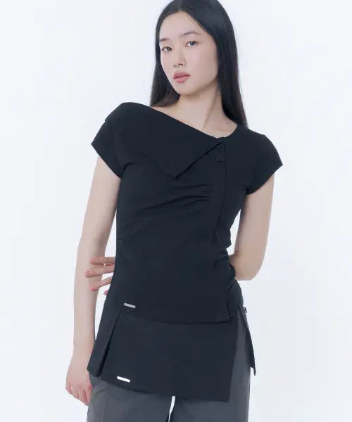 [MISEKI SEOUL] Folding collar shirring top BLACK
