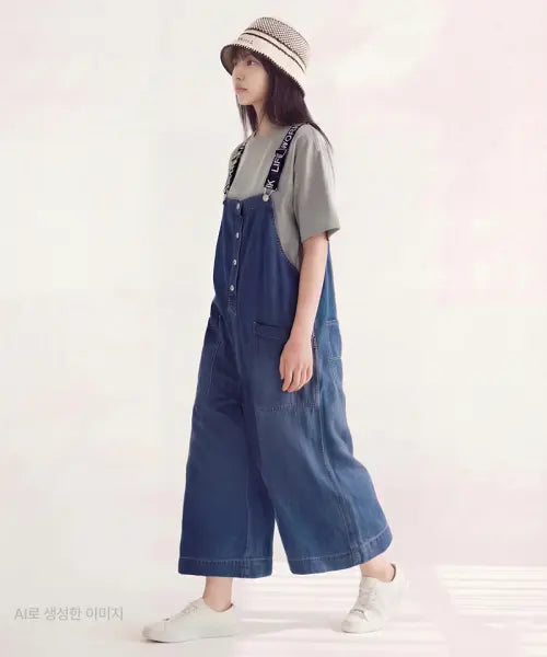 [LIFEWORK] Women's Logo Banding Wide Denim Overalls / 여성) 로고 밴딩 와이드 데님 오버롤