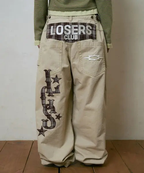 [LOSERS CLUB] LSC CHECK PATCH WIDE COTTON PANT BEIGE / 체크 패치 와이드 코튼 팬츠 베이지