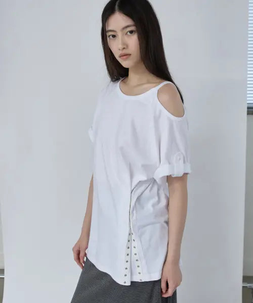 [RENSE] One Shoulder Line Snap Tee White