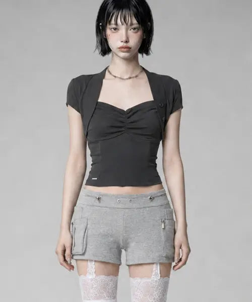 [ETRE AU SOMMET] Shirring Eyelet Bolero top (Dark Gray)