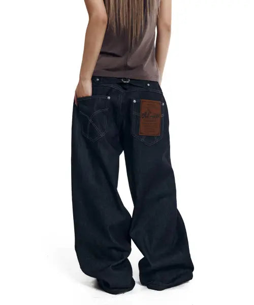 [AAKAM] Leather Label Denim Pants (Black)