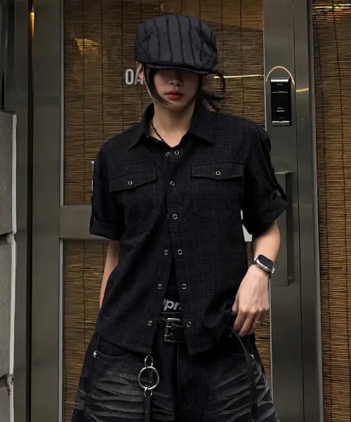 [EASY NO EASY] Textured Cropped Roll-Up Check Short-Sleeve Shirt - Black / 텍스쳐 크롭 롤업 체크 반팔 셔츠 - 블랙