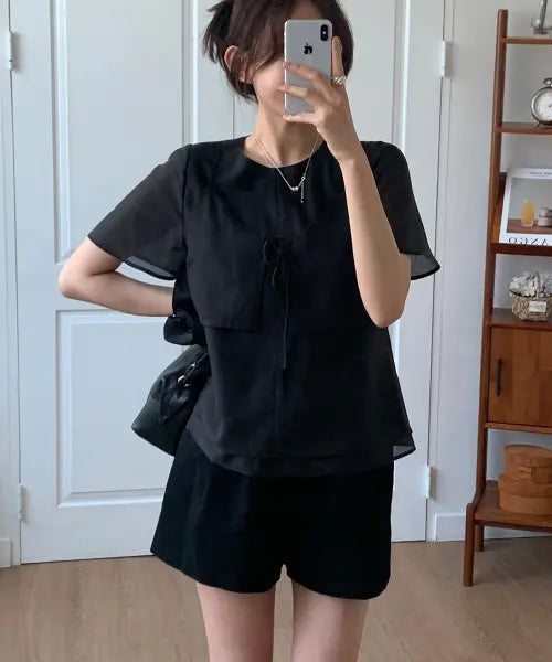 [DRAWFIT WOMEN] SHEER LAYER BUSTIER BLOUSE [BLACK] / [드로우핏우먼 X 꾸니] 시어 레이어 뷔스티에 블라우스 [BLACK]