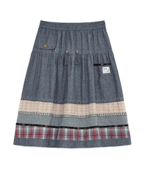 [HUG YOUR SKIN] Vintage pattern midi skirt (Blue Denim) / 빈티지 패턴 미디 스커트 (블루 데님)